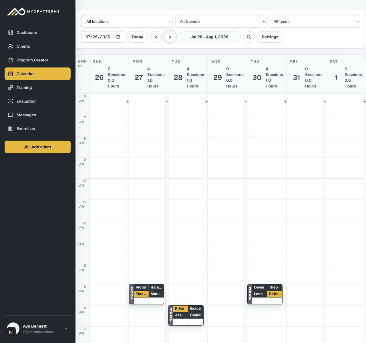 MyoPatterns Calendar workspace for managing training appointments and locations.